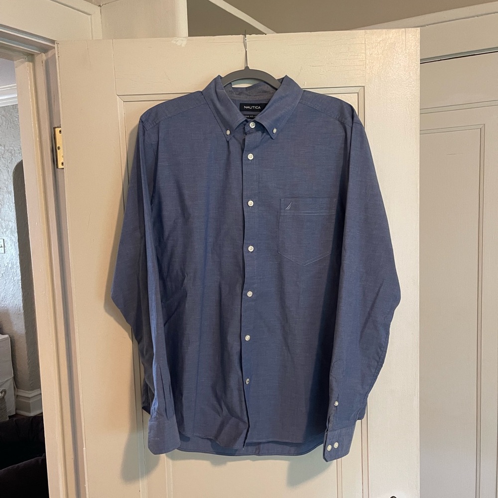 Nautica Classic Fit Stretch Button Down Shirt Blue Mens Large